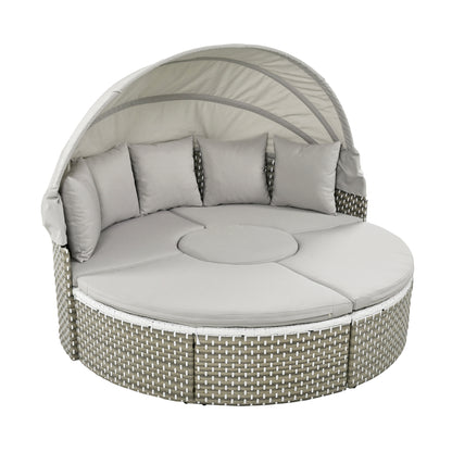 Wicker Patio Outdoor Sofa Set Rattan Daybed Two-Tone Weave Sunbed with Retractable Canopy, Gray Cushions