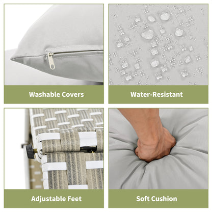 Wicker Patio Outdoor Sofa Set Rattan Daybed Two-Tone Weave Sunbed with Retractable Canopy, Gray Cushions