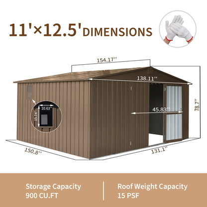 11 ft. W x 12.5 ft. D Outdoor Metal Shed Tool Storage with Galvanized Steel Frame, Windows, Brown (137.5 sq.ft.)