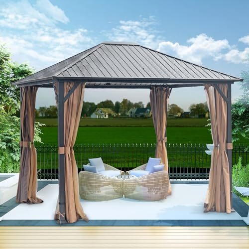 10 ft. x 12 ft. Hardtop Metal Gazebo, Heavy Duty Pergola with Mosquito Nets, Sturdy Outdoor Canopies Tent