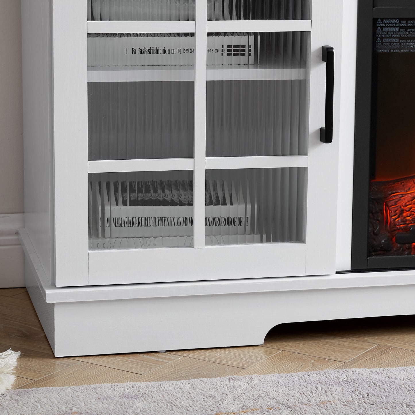 59 inch Multipurpose Sliding Door TV Stand Large Storage Cabinet with 2 Sliding Fluted Glass Doors, TV Up to 65''