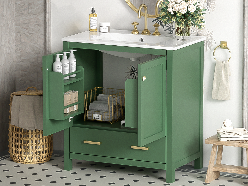 30 Inch Green Bathroom Vanity with Single Sink, Combination Under Counter Sink, Bathroom Storage Cabinet with 2 Doors and a Drawer