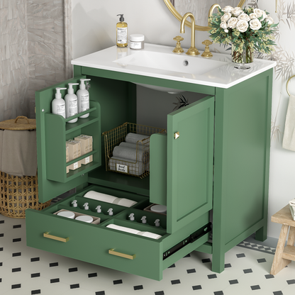 30 Inch Green Bathroom Vanity with Single Sink, Combination Under Counter Sink, Bathroom Storage Cabinet with 2 Doors and a Drawer
