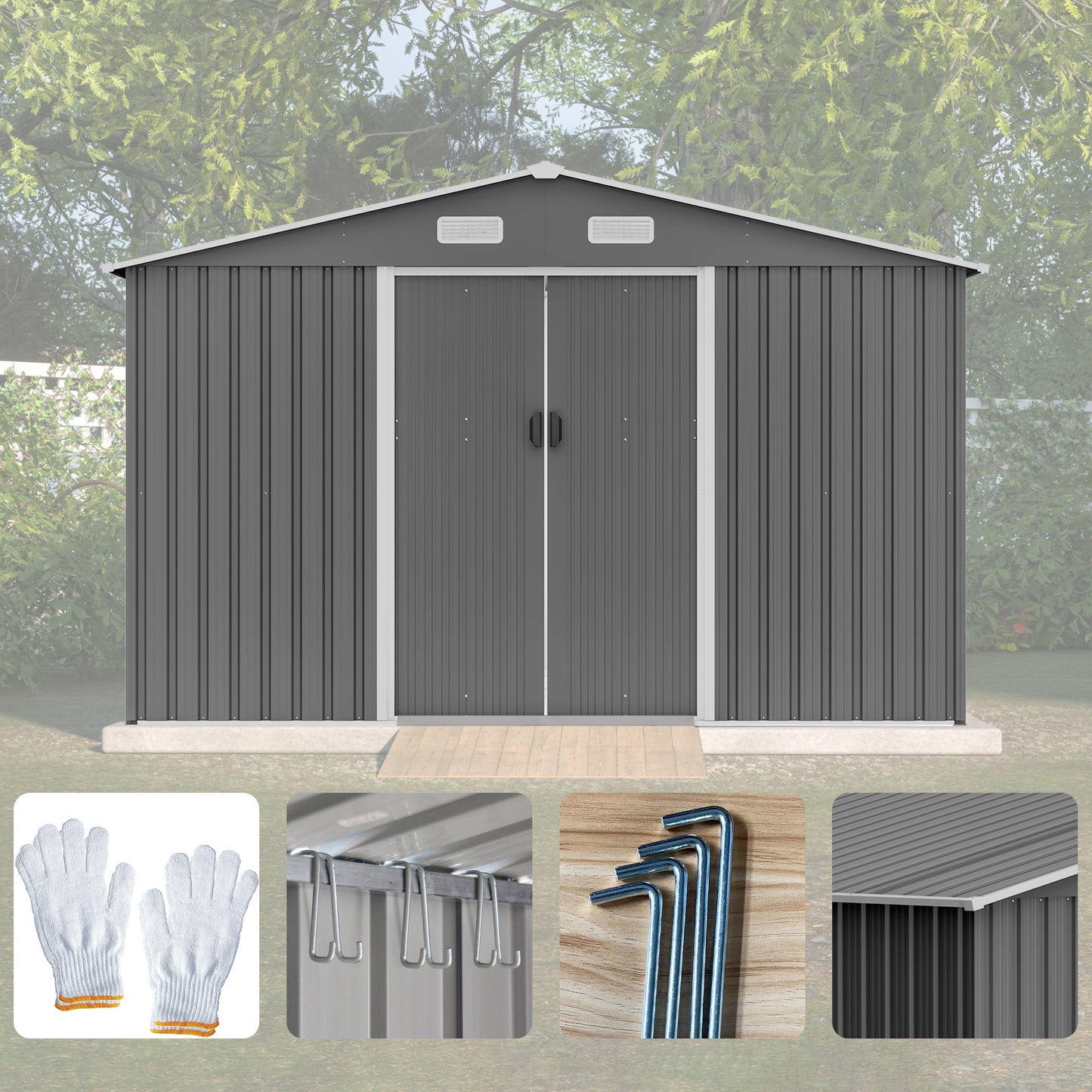 10 ft. W x 8 ft. D Outdoor Metal Storage Shed with Foundation and Lockable Doors for Patio, Backyard, Gray (73.8 sq.ft.)