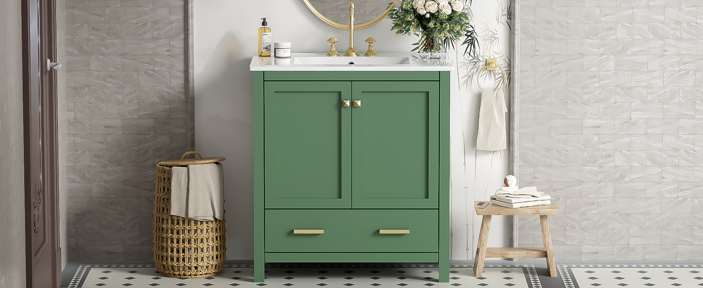 30 Inch Green Bathroom Vanity with Single Sink, Combination Under Counter Sink, Bathroom Storage Cabinet with 2 Doors and a Drawer