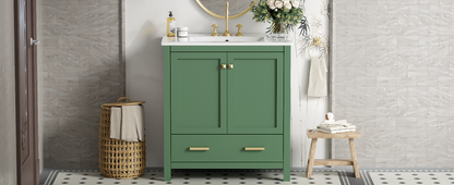 30 Inch Green Bathroom Vanity with Single Sink, Combination Under Counter Sink, Bathroom Storage Cabinet with 2 Doors and a Drawer