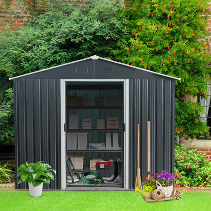 8 ft. x 10 ft. Outdoor Metal Storage Shed Garden Tool Room with Floor Base and Sliding Doors, Black (70 sq. ft. )