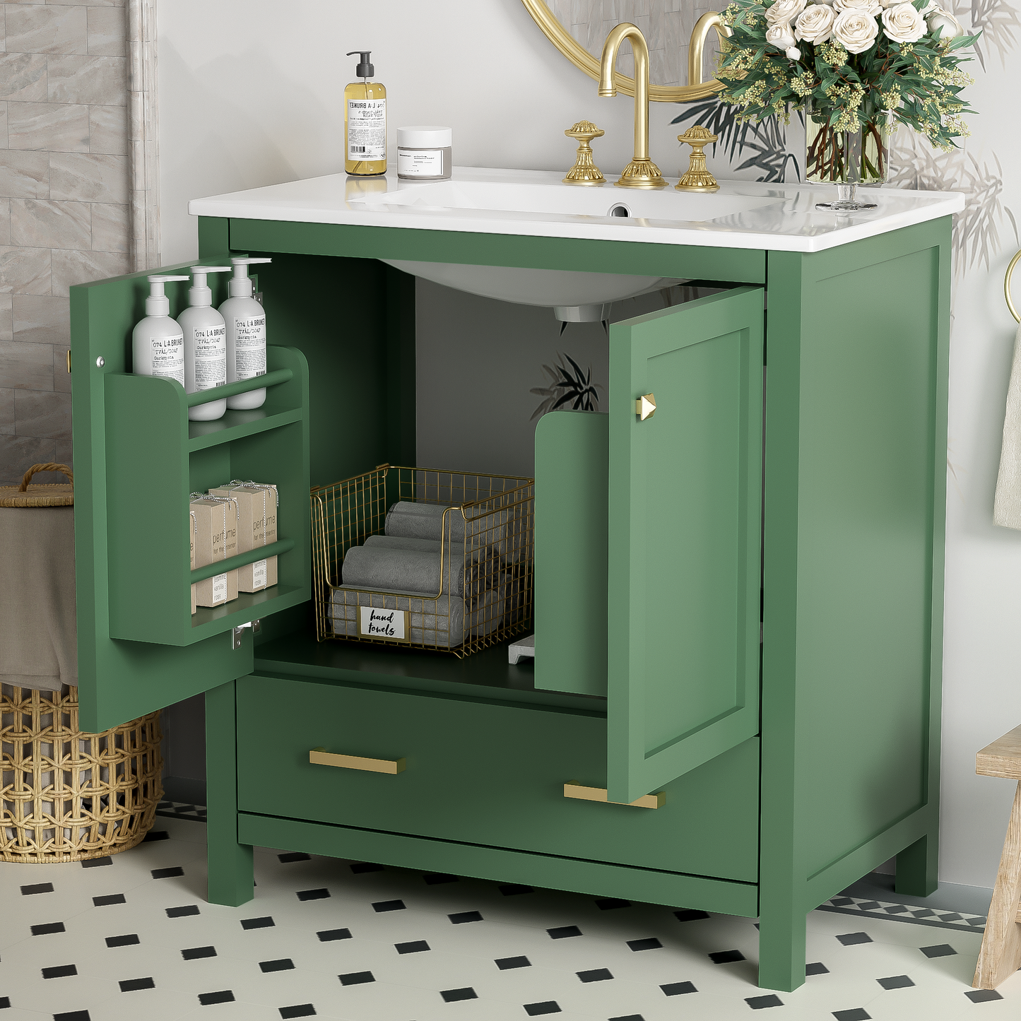 30 Inch Green Bathroom Vanity with Single Sink, Combination Under Counter Sink, Bathroom Storage Cabinet with 2 Doors and a Drawer