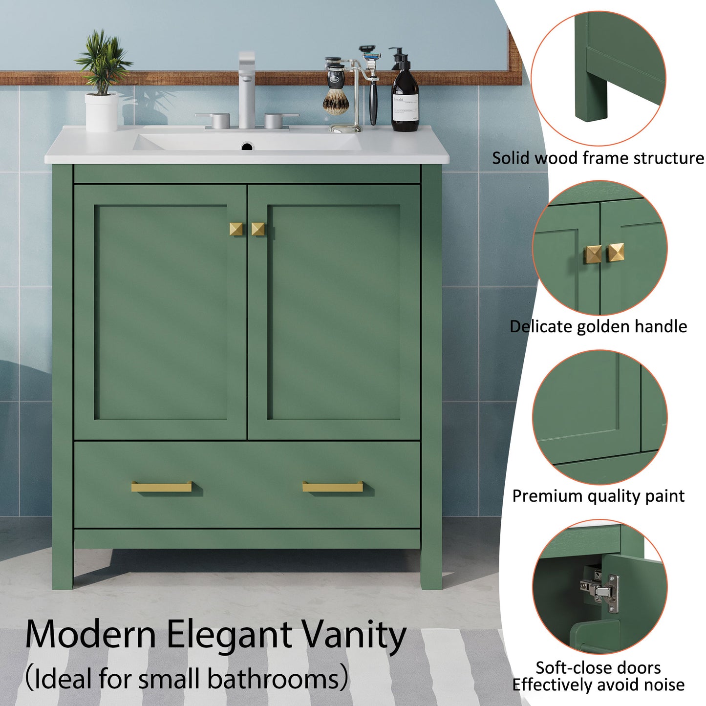 30 Inch Green Bathroom Vanity with Single Sink, Combination Under Counter Sink, Bathroom Storage Cabinet with 2 Doors and a Drawer