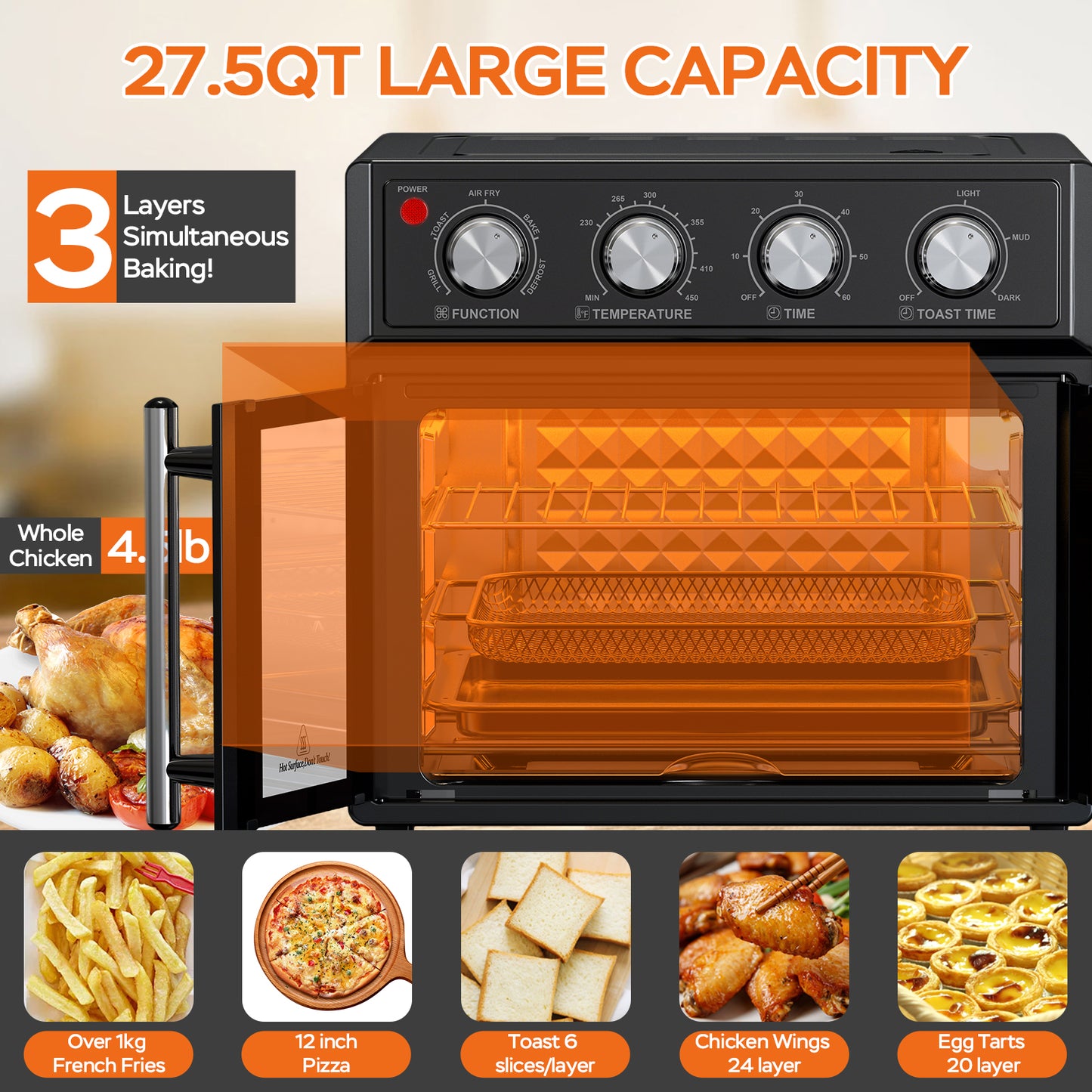 26QT Large capacity French Double-Door Air Fryer Convection Toaster Oven, 1700W, 7 Preset Menus, 7-in-1 Multi-Function for Bake
