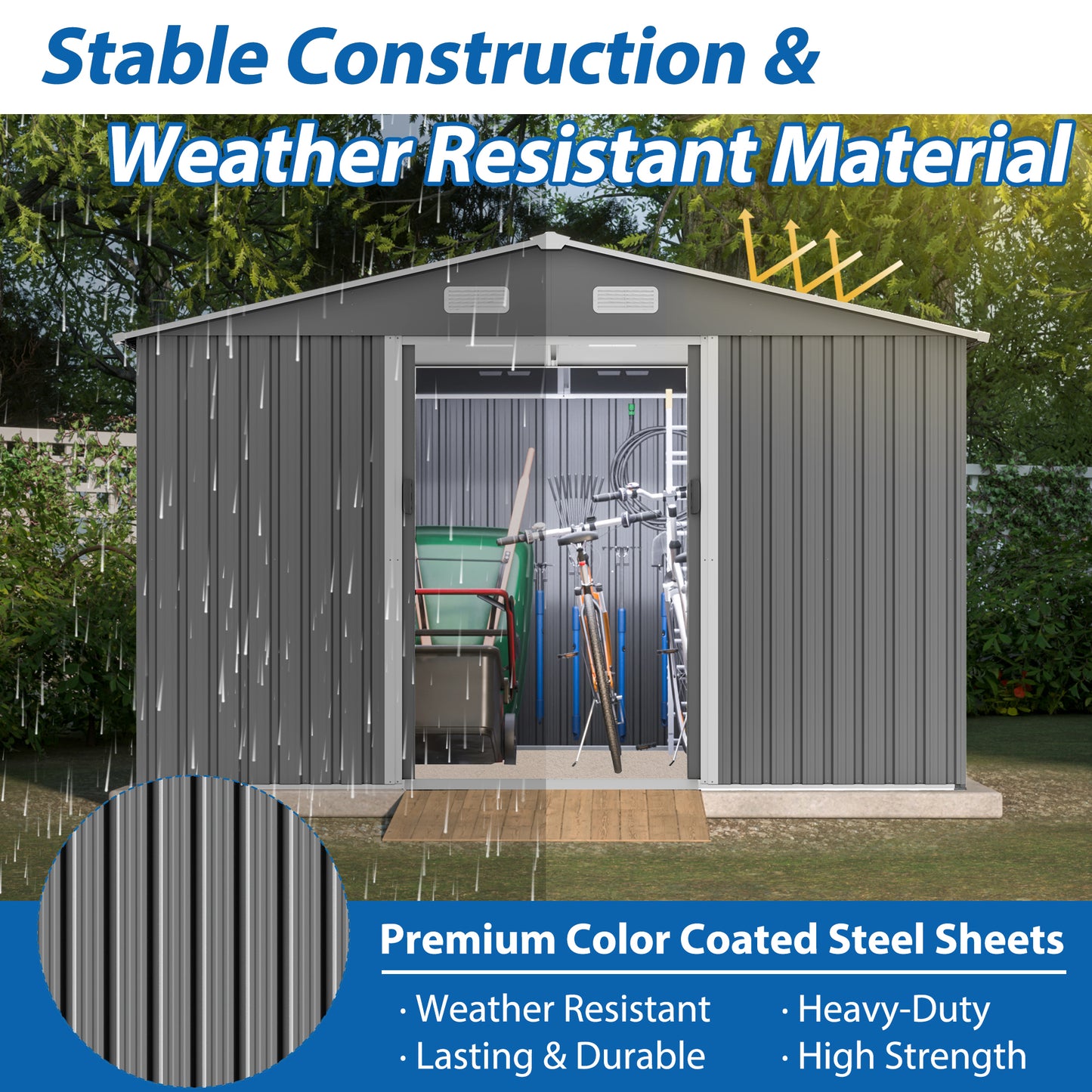 10 ft. W x 8 ft. D Outdoor Metal Storage Shed with Foundation and Lockable Doors for Patio, Backyard, Gray (73.8 sq.ft.)