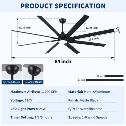 84 in. Super Large Black Ceiling Fan with 8 Blades Included with Remote