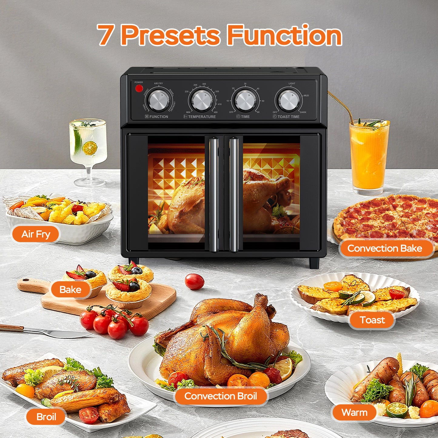 26QT Large capacity French Double-Door Air Fryer Convection Toaster Oven, 1700W, 7 Preset Menus, 7-in-1 Multi-Function for Bake