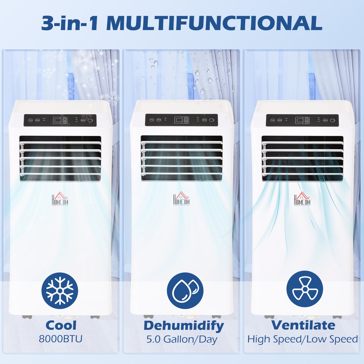 8000 BTU Mobile Portable Air Conditioner with Cooling, Dehumidifier, Ventilating, Remote Control, 24-Hour Timer