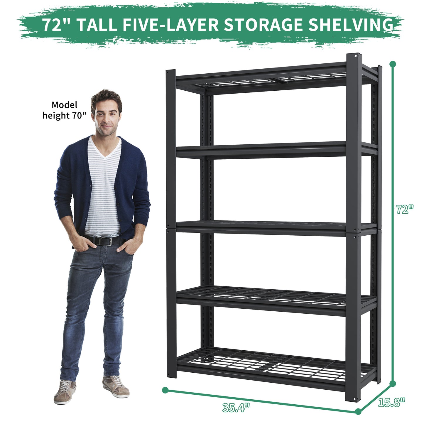 5 -Tier Heavy Duty Black Metal Utility shelving unit with Ventilated Shelves ( 35.5-in W x 15.8-in D x 72-in H )