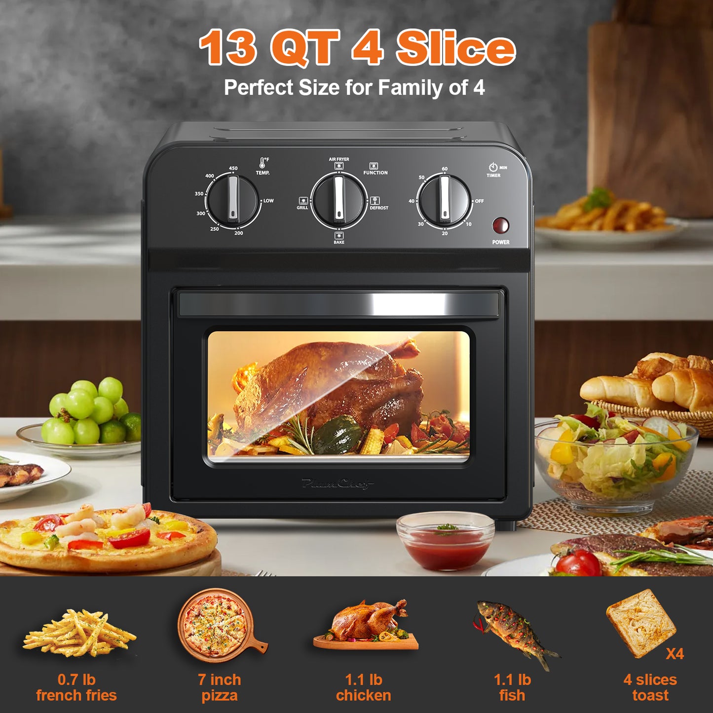 Air Fryer Toaster Oven Combo,13QT,360° Hot Air Circulation for Healthy Oil-Free Cooking