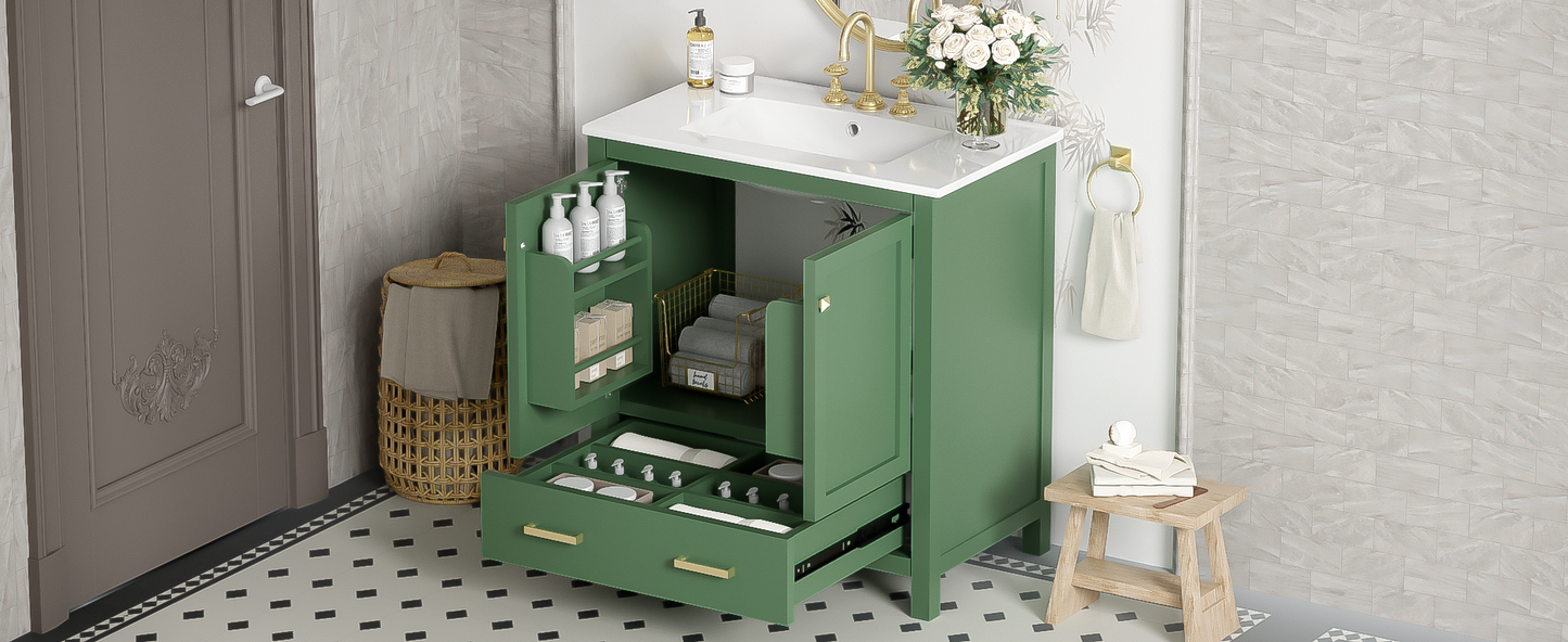30 Inch Green Bathroom Vanity with Single Sink, Combination Under Counter Sink, Bathroom Storage Cabinet with 2 Doors and a Drawer