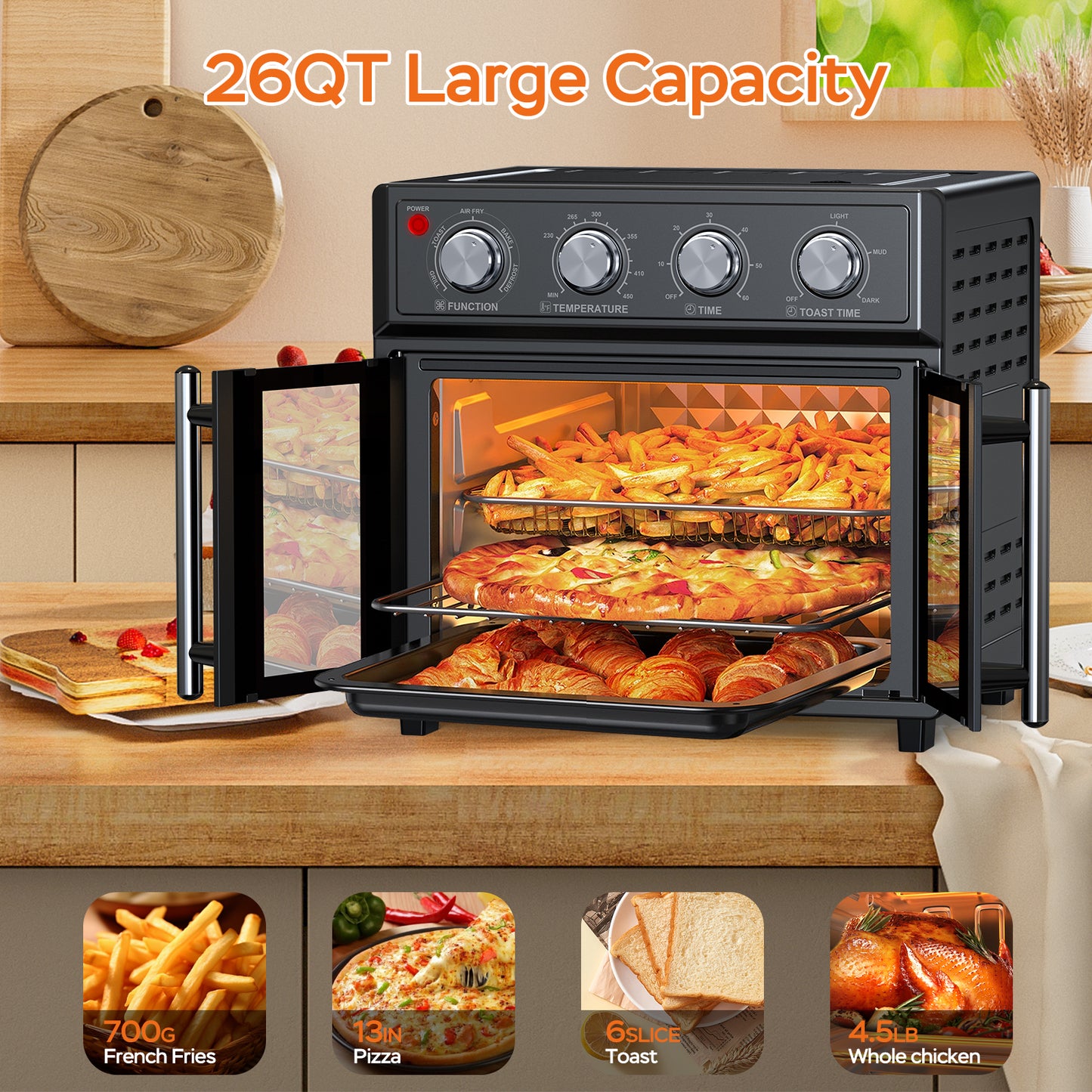 26QT Large capacity French Double-Door Air Fryer Convection Toaster Oven, 1700W, 7 Preset Menus, 7-in-1 Multi-Function for Bake