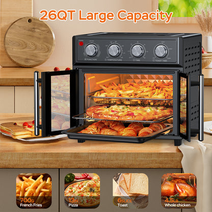 26QT Large capacity French Double-Door Air Fryer Convection Toaster Oven, 1700W, 7 Preset Menus, 7-in-1 Multi-Function for Bake