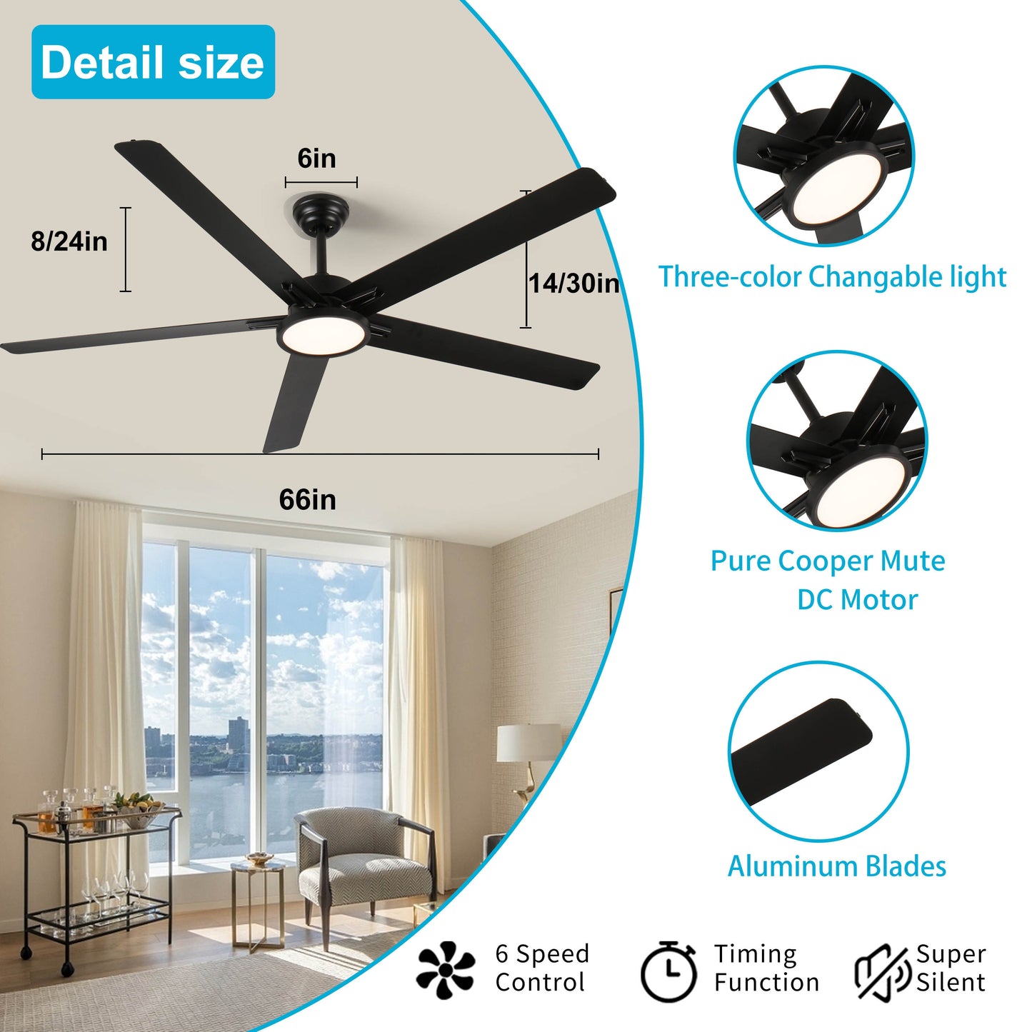 66 in. Downrod Mount Aluminium Blade Ceiling Fan with Light Included with Remote, 6 Speeds Quiet Reversible DC Motor