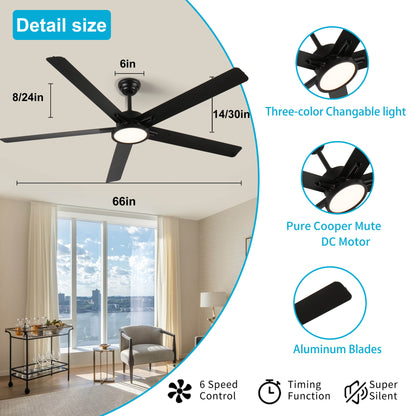 66 in. Downrod Mount Aluminium Blade Ceiling Fan with Light Included with Remote, 6 Speeds Quiet Reversible DC Motor