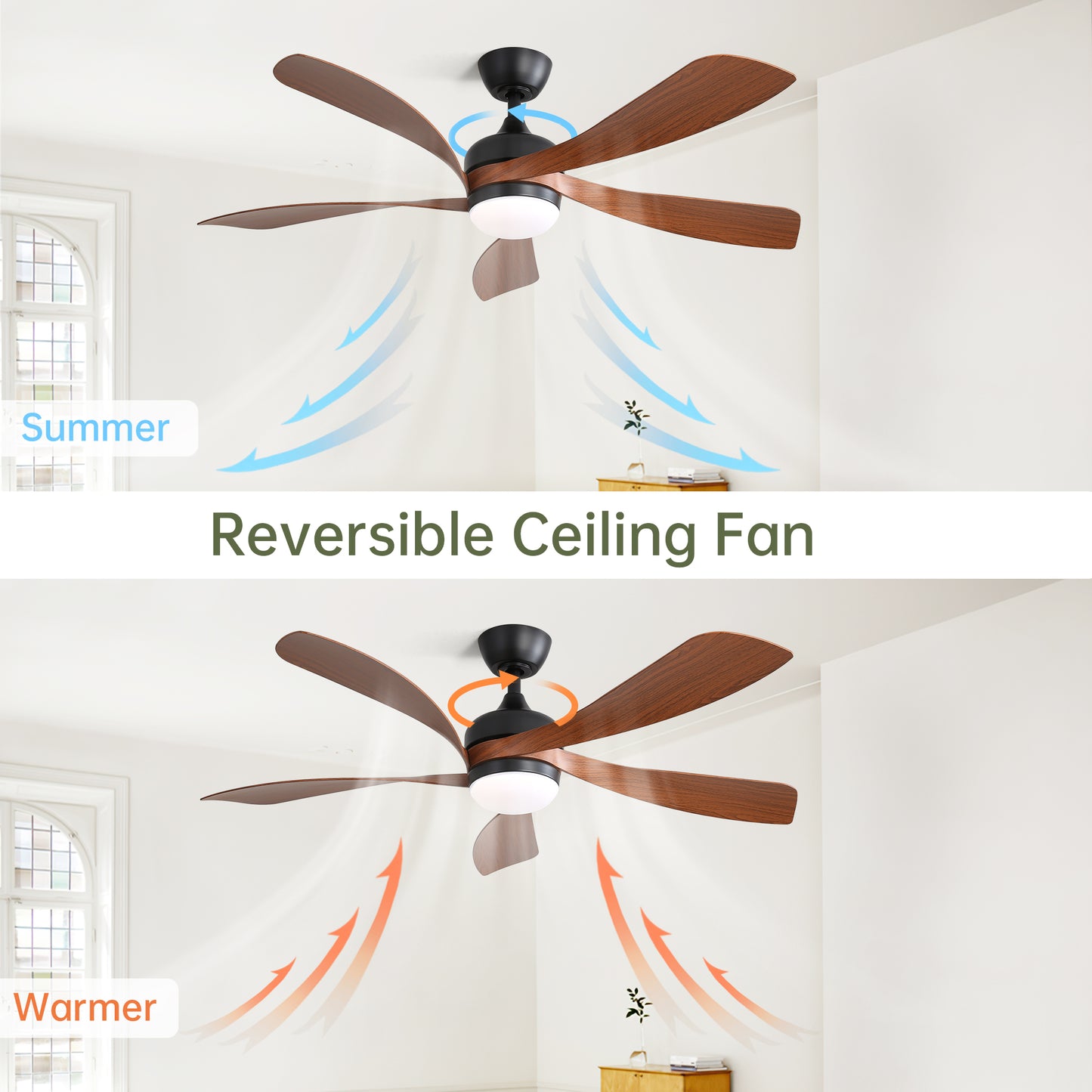 52 in. Indoor Ceiling Fan with 5 ABS Blades, 3 Color Dimmable LED Light Included with Remote, Black, Reversible DC Motor