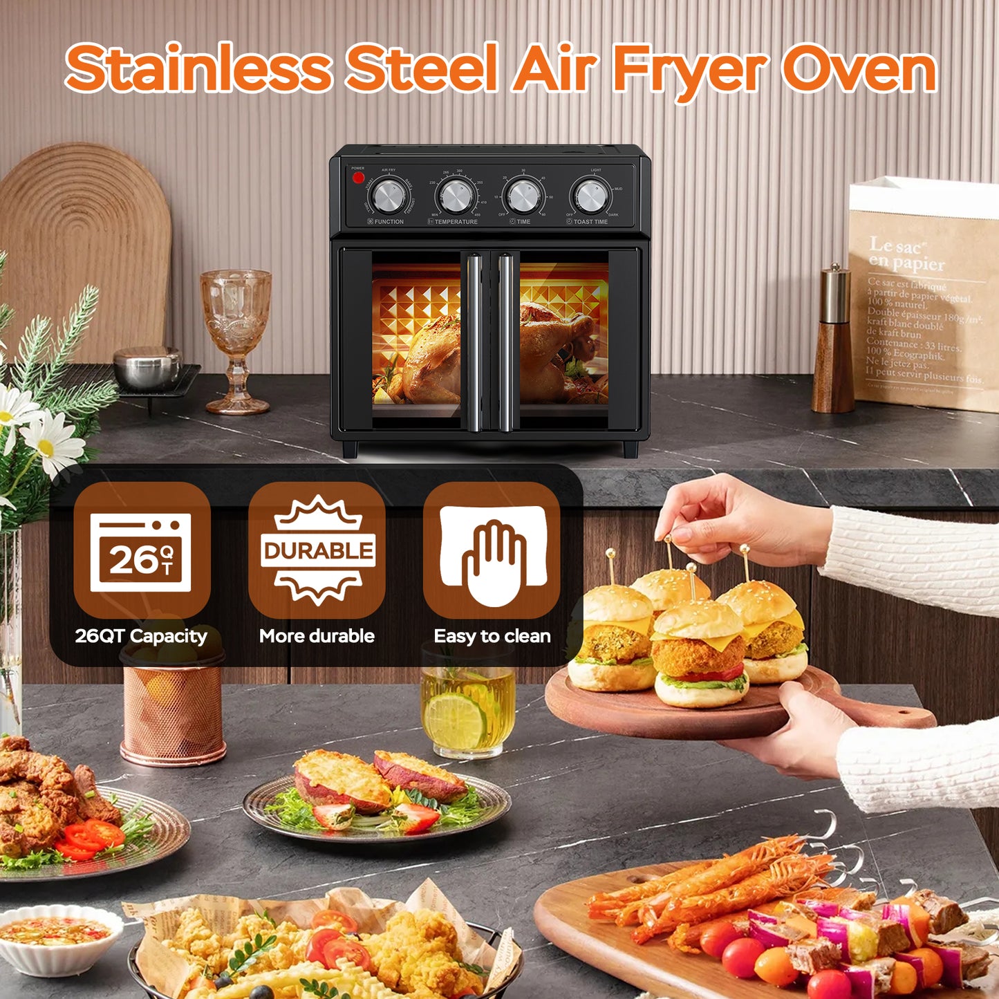 26QT Large capacity French Double-Door Air Fryer Convection Toaster Oven, 1700W, 7 Preset Menus, 7-in-1 Multi-Function for Bake