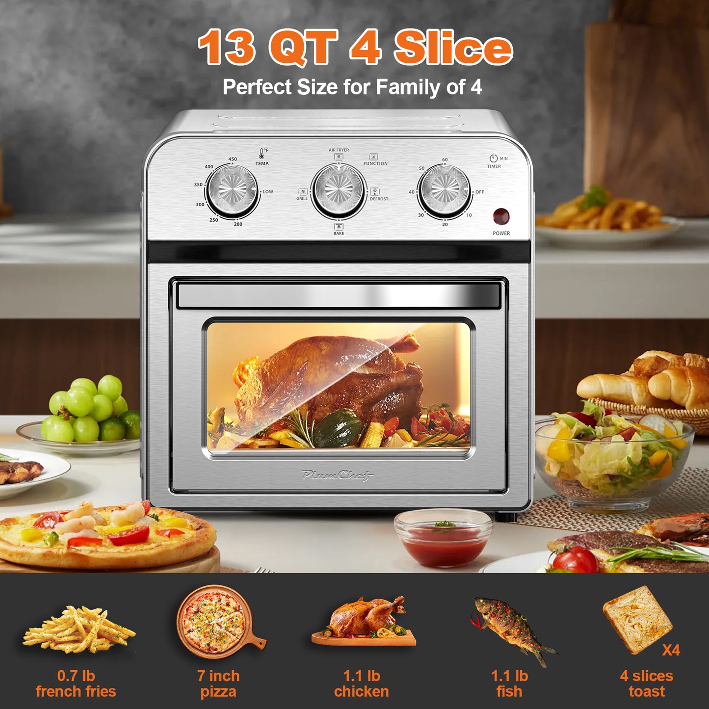Family Size Air Fryer Toaster Oven Combo,13QT,360° Hot Air Circulation for Healthy Oil-Free Cooking