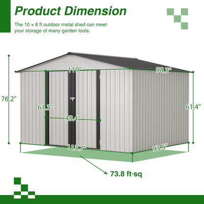 10 ft. W x 8 ft. D Outdoor Metal Storage Shed with Lockable Doors for Garden, Patio, Backyard, Lawn, White (75 sq. ft.)