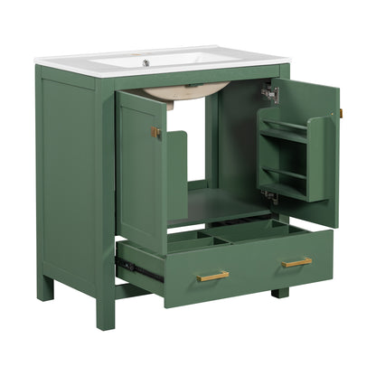 30 Inch Green Bathroom Vanity with Single Sink, Combination Under Counter Sink, Bathroom Storage Cabinet with 2 Doors and a Drawer