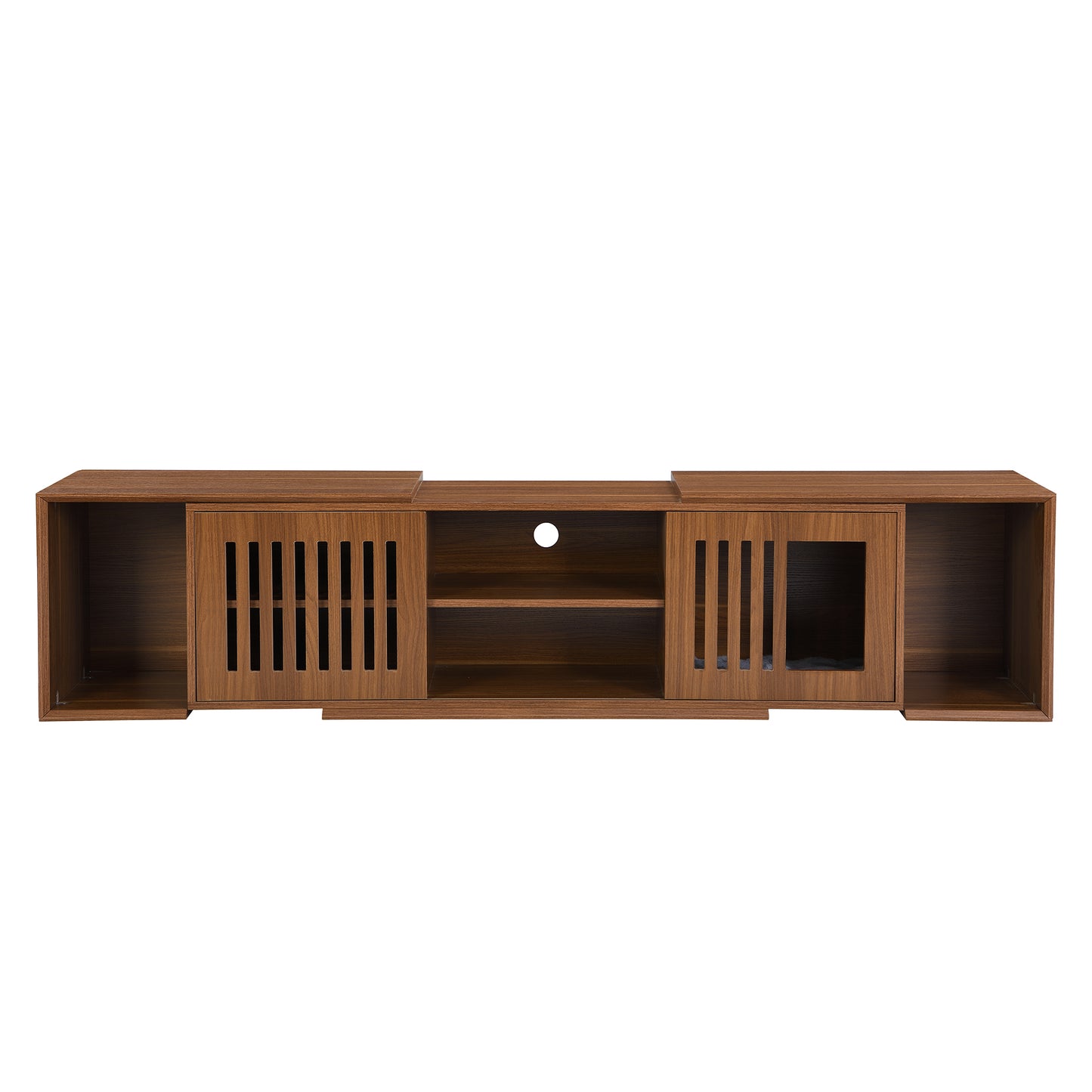 54.3" Extendable TV Stand (up to 100") with Cat House & Litter Box Enclosure – Walnut Wood Entertainment Center, Sliding Doors, Hidden Pet Furniture