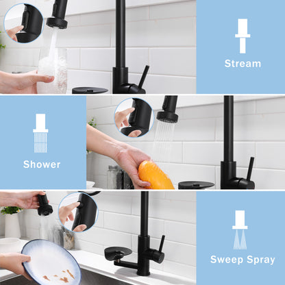 3-in-1 Kitchen Faucet with Press-Type Glass Rinser, High-Arc Pull-Down Sprayer Faucet, 3 Function Spray Mode, Matte Black Finish, for Modern Kitchen Sink
