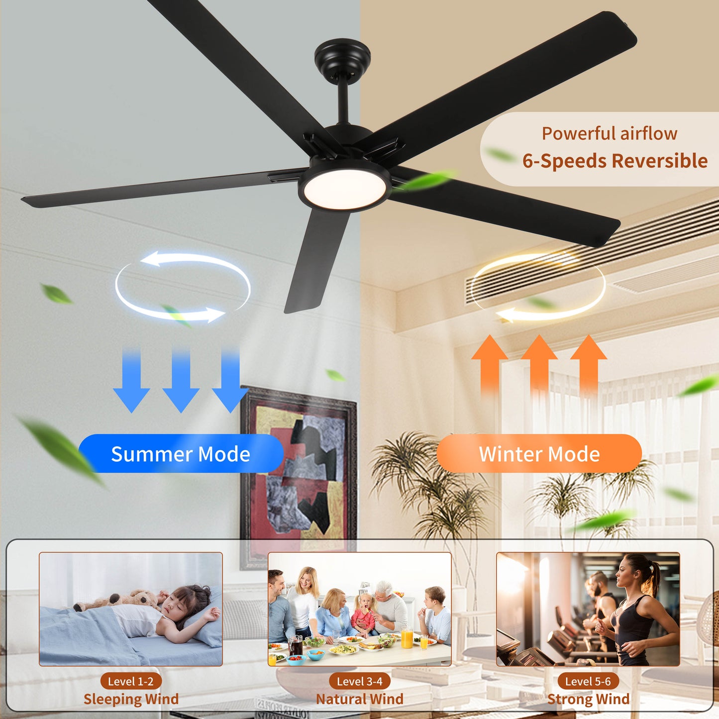 66 in. Downrod Mount Aluminium Blade Ceiling Fan with Light Included with Remote, 6 Speeds Quiet Reversible DC Motor