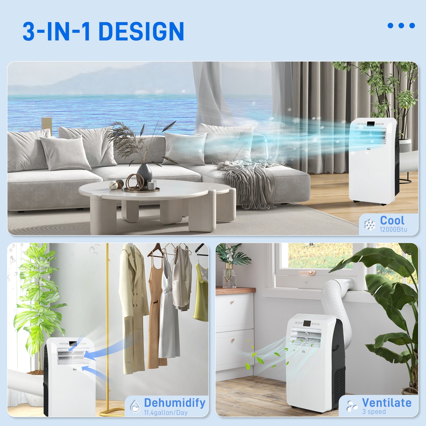 12000 BTU Portable Air Conditioner for Rooms Up to 550 Sq. Ft., 3-in-1 AC Unit with Dehumidifier, Cooling Fan, Remote, 24H Timer