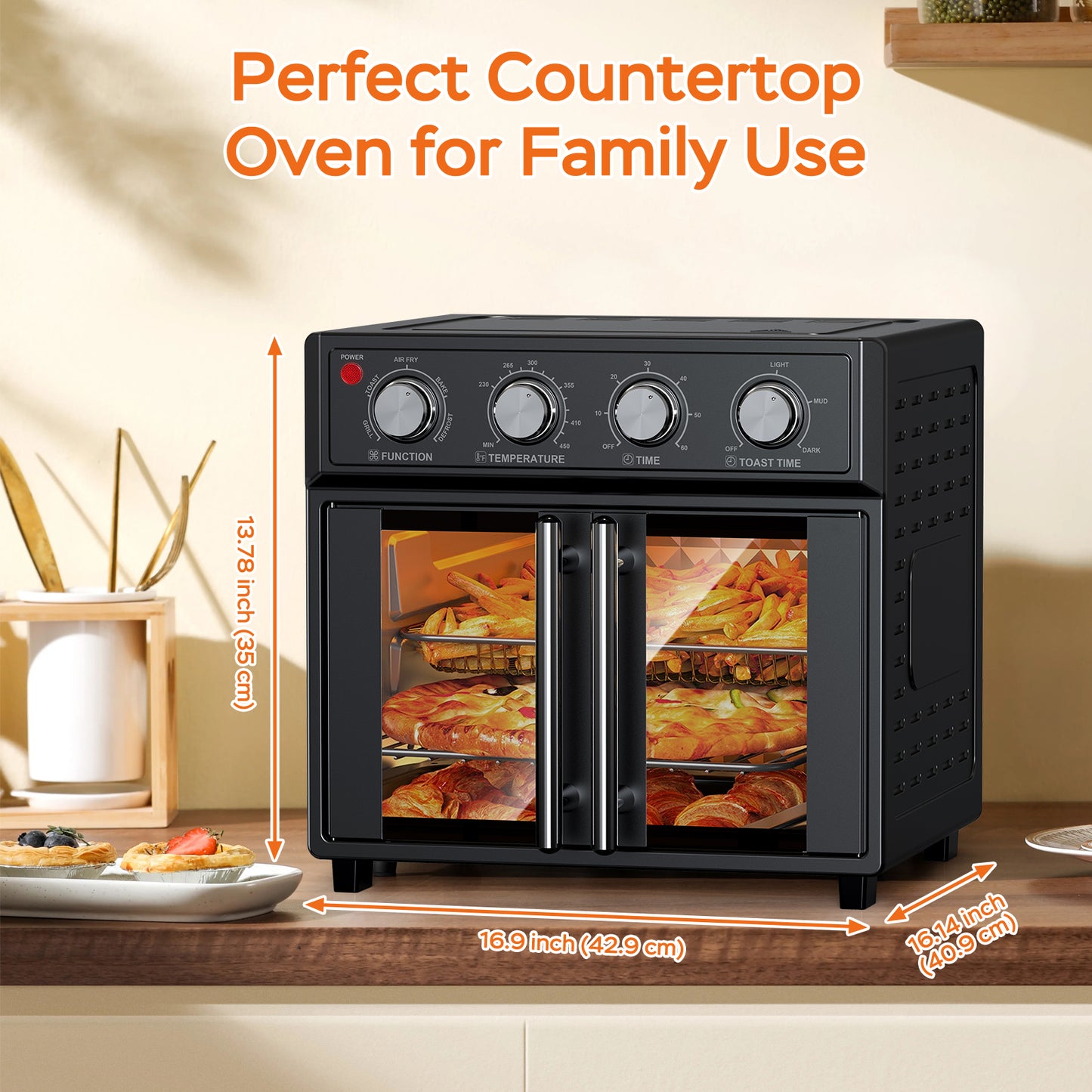 26QT Large capacity French Double-Door Air Fryer Convection Toaster Oven, 1700W, 7 Preset Menus, 7-in-1 Multi-Function for Bake