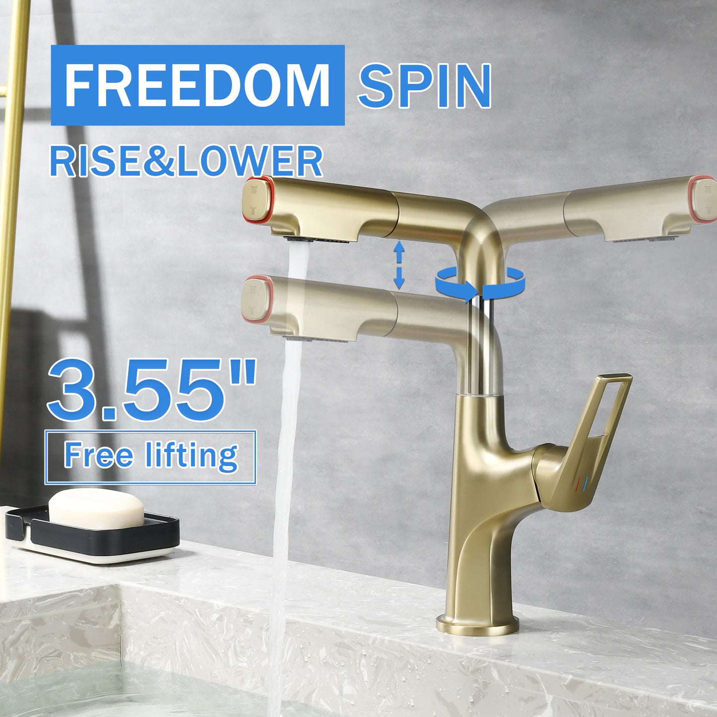 Brushed Gold Pull-Down Vessel Faucet - Single Hole Bathroom Sink Faucet with Lift Spout & Dual Spray Modes