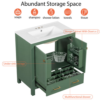 30 Inch Green Bathroom Vanity with Single Sink, Combination Under Counter Sink, Bathroom Storage Cabinet with 2 Doors and a Drawer