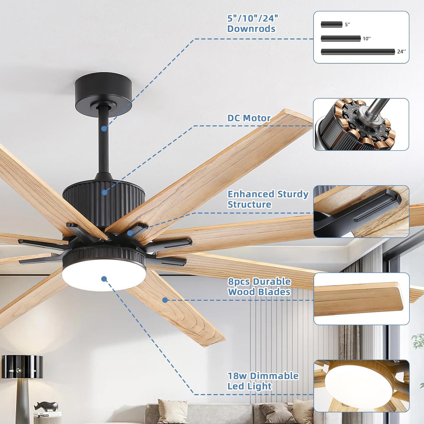 76 Inch Indoor Ceiling Fan With Dimmable 3 Color Led Light 8 Solid Wood Blades Remote Control Reversible DC Motor Wood