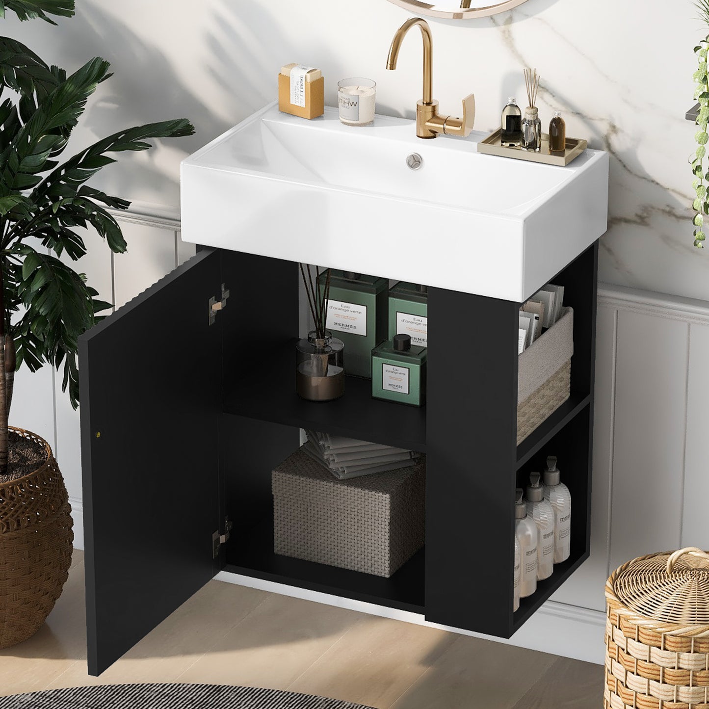 21.6 inch Modern Floating Bathroom Vanity with Ceramic Basin - Perfect for Small Bathrooms, Right side storage