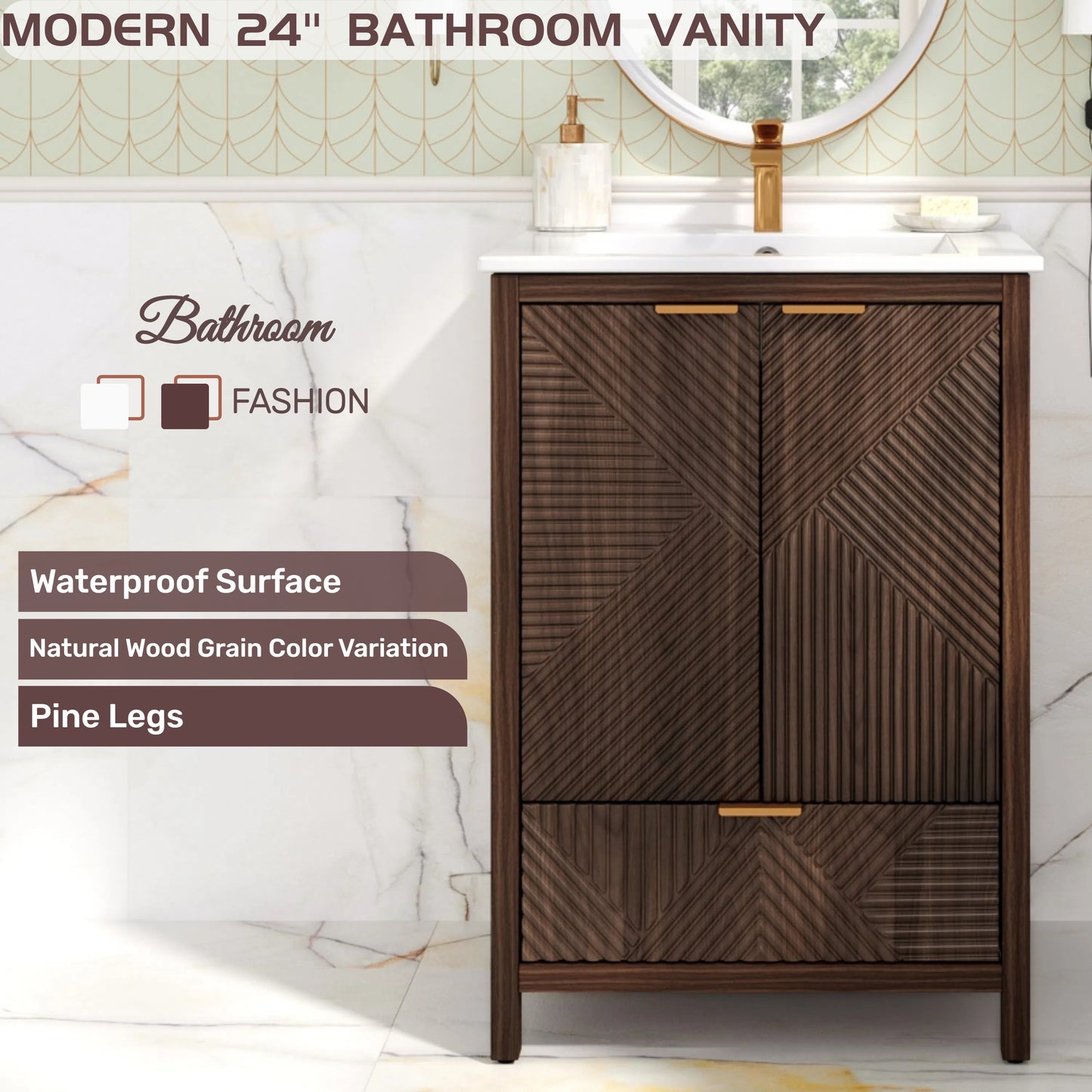 24 Inches Bathroom Vanity with Sink Combo, Modern Bathroom Vanity with Single Faucet Hole