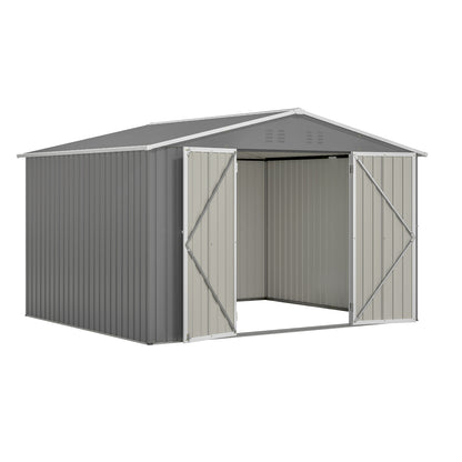 10 ft. W x 8 ft. D Outdoor Metal Storage Shed with Lockable Doors for Garden, Patio, Backyard, Lawn, Grey (73 sq. ft.)