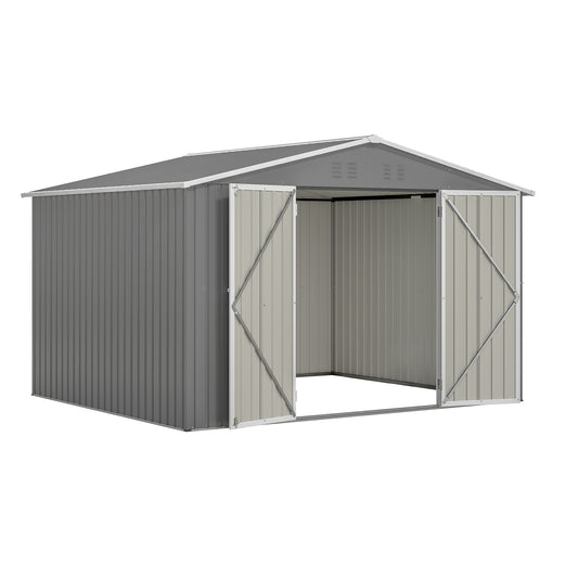 10 ft. W x 8 ft. D Outdoor Metal Storage Shed with Lockable Doors for Garden, Patio, Backyard, Lawn, Grey (73 sq. ft.)