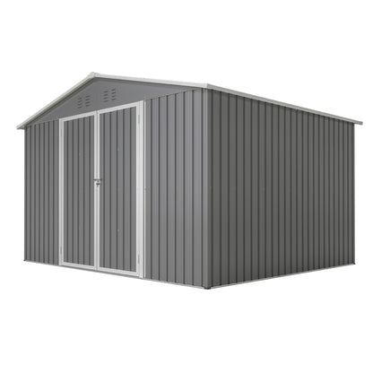 10 ft. W x 8 ft. D Outdoor Metal Storage Shed with Lockable Doors for Garden, Patio, Backyard, Lawn, Grey (73 sq. ft.)