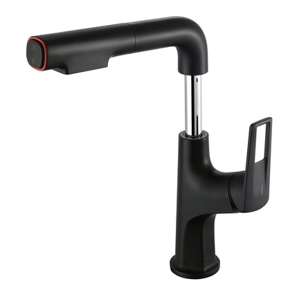 Matte Black Pull-Down Vessel Faucet - Single Hole Bathroom Sink Faucet with Lift Spout & Dual Spray Modes