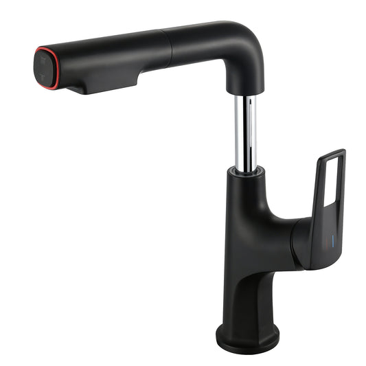 Matte Black Pull-Down Vessel Faucet - Single Hole Bathroom Sink Faucet with Lift Spout & Dual Spray Modes