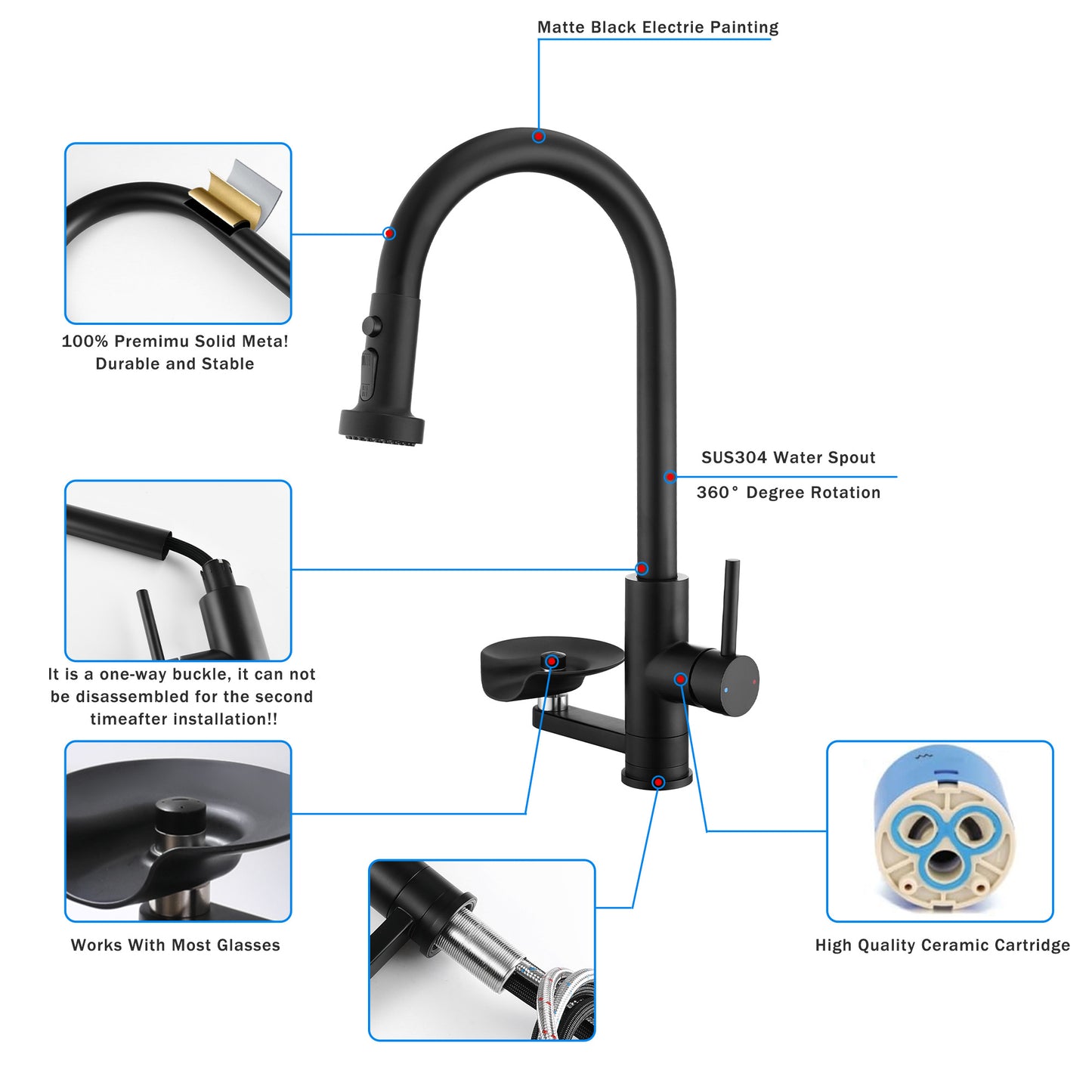 3-in-1 Kitchen Faucet with Press-Type Glass Rinser, High-Arc Pull-Down Sprayer Faucet, 3 Function Spray Mode, Matte Black Finish, for Modern Kitchen Sink