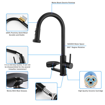 3-in-1 Kitchen Faucet with Press-Type Glass Rinser, High-Arc Pull-Down Sprayer Faucet, 3 Function Spray Mode, Matte Black Finish, for Modern Kitchen Sink
