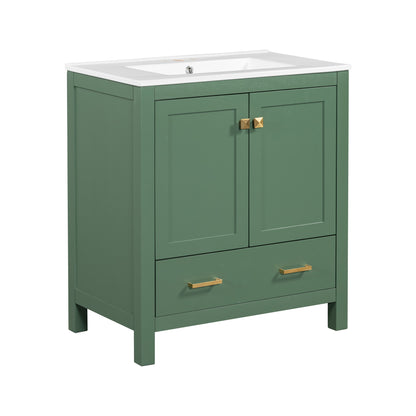 30 Inch Green Bathroom Vanity with Single Sink, Combination Under Counter Sink, Bathroom Storage Cabinet with 2 Doors and a Drawer