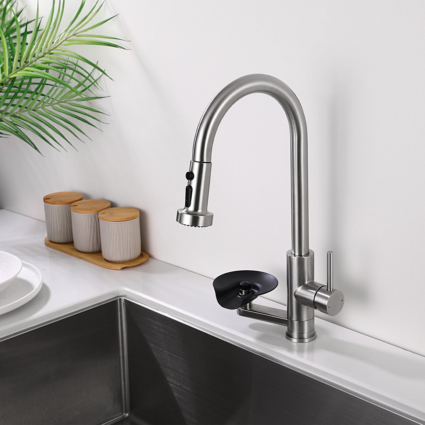 3-in-1 Kitchen Faucet with Press-Type Glass Rinser, High-Arc Pull-Down Sprayer Faucet, 3 Function Spray Mode, Brushed Nickel Finish, for Modern Kitchen Sink