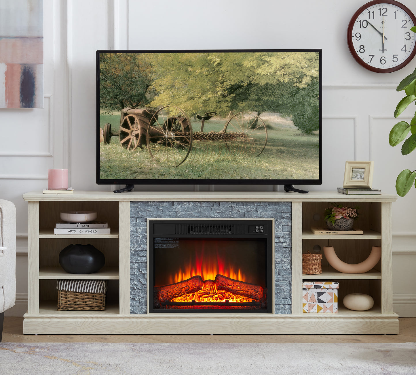 70 inch Large TV Desk Storage Rack with Faux Stacked Stone Surround, Media Console Table with Large Storage Cabinet